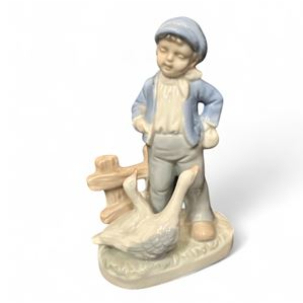 Whimsical Boy and Goose Figurine - Blue and Cream